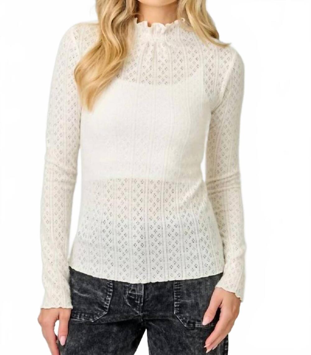 NEW MYSTREE lettuce edge mock neck eyelet top in white
